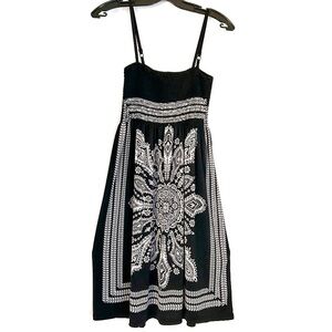 Shoreline Black White Ruched Paisley Sun Dress Spaghetti Straps Stretchy Boho